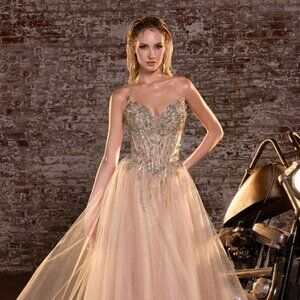 New Gold Strapless A-Line Tulle Beaded Dress w/ Lace Up Back & V-Neck CD721